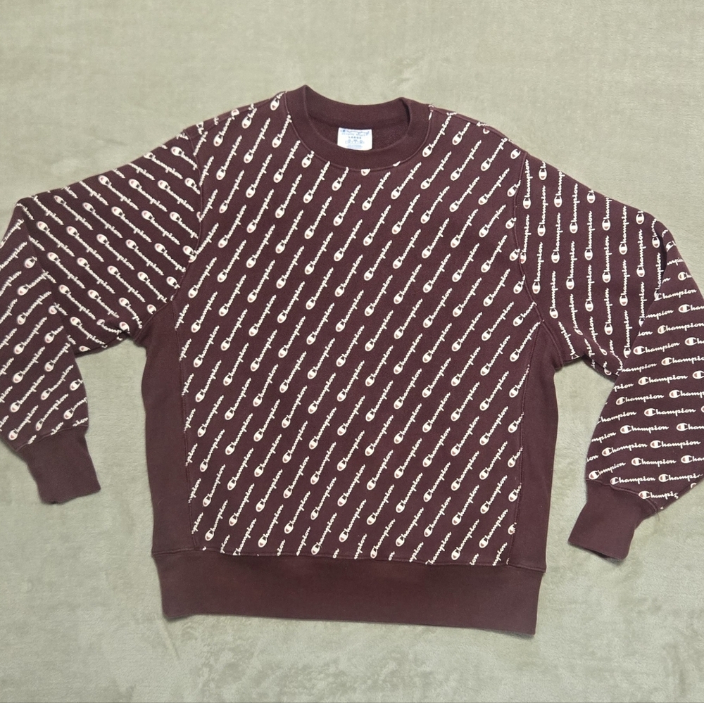 VTG Champion Maroon Allover Logo Crewneck Reverse Weave Sweatshirt Mens Size L